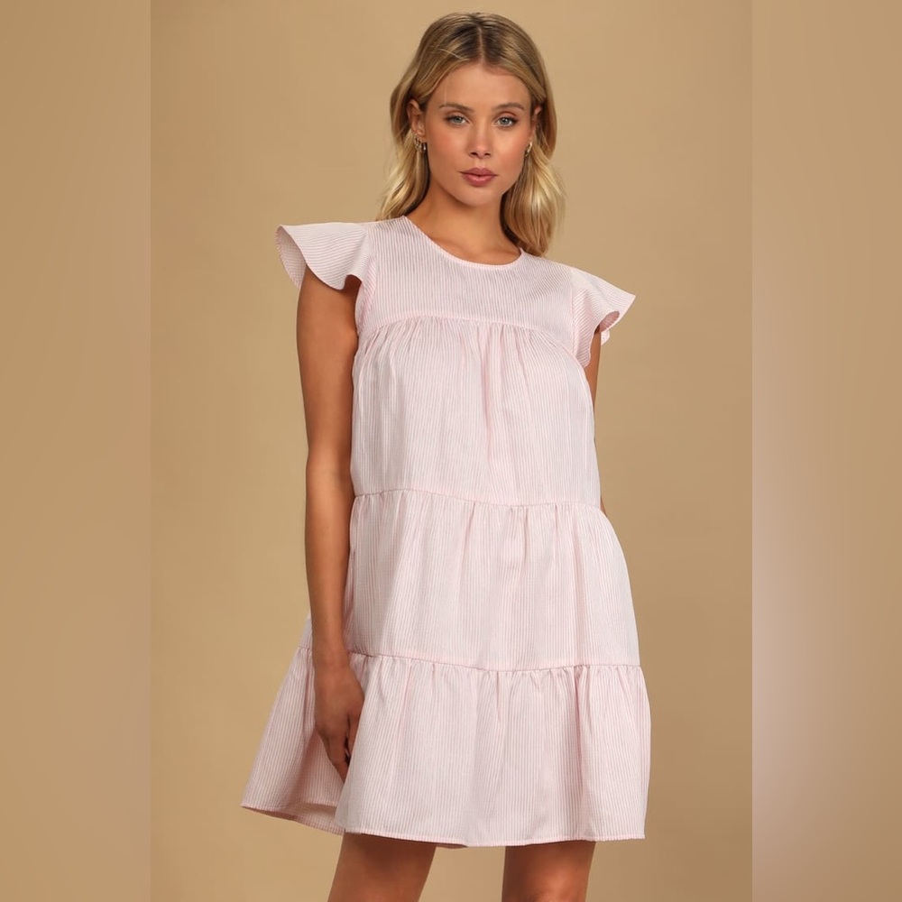 Lulus Picnic Perfect Pink Gingham Tiered Babydoll Dress size small